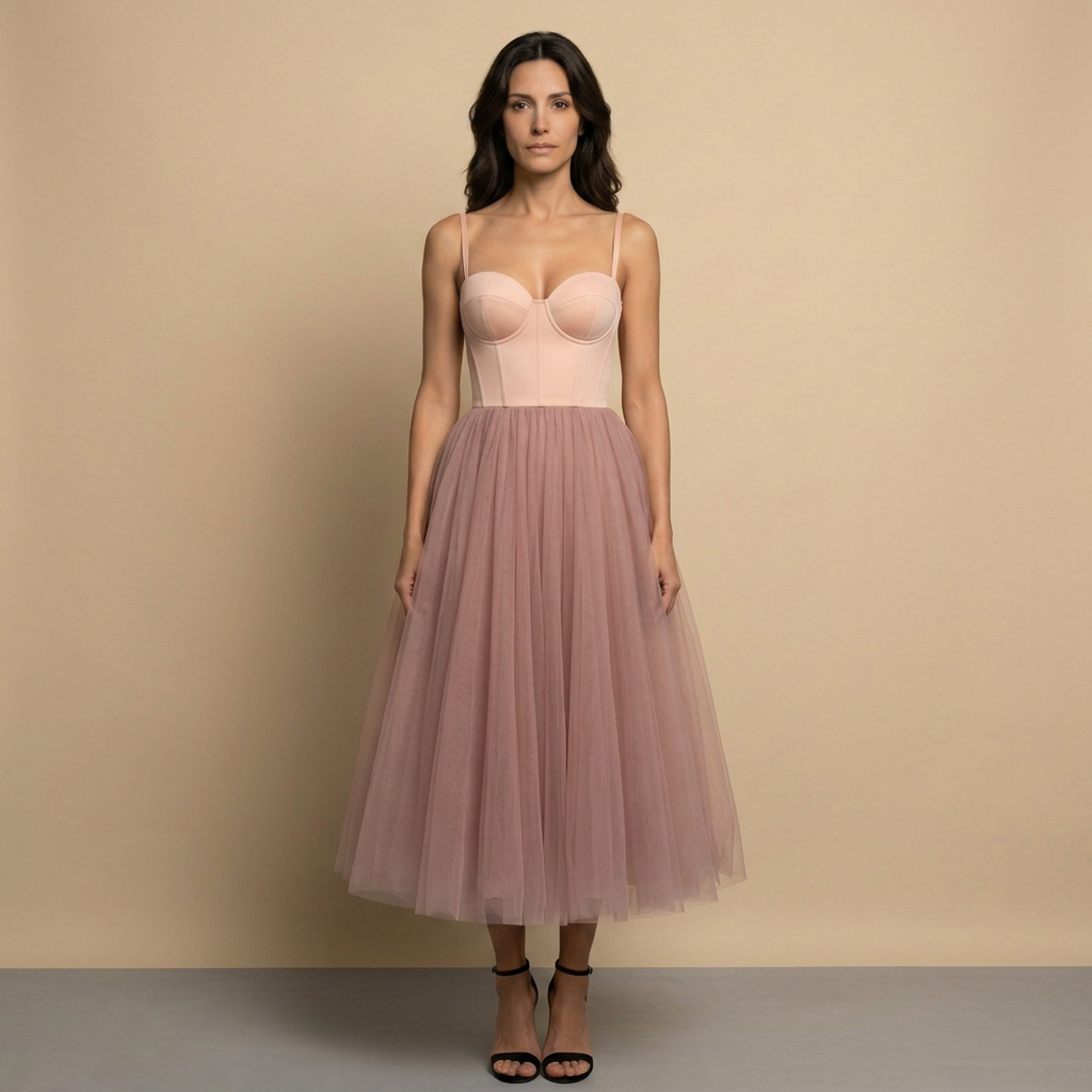 Vestido Midi Bustier con Falda de Tul Bicolor | Alma