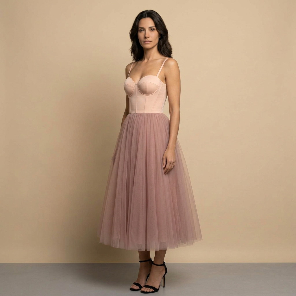 Vestido Midi Bustier con Falda de Tul Bicolor | Alma