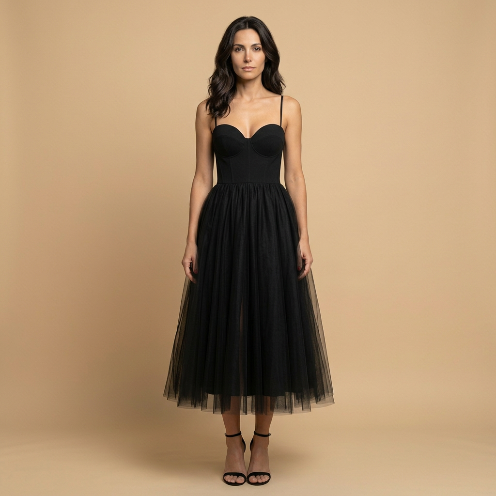 Vestido Midi Bustier con Falda de Tul Bicolor | Alma