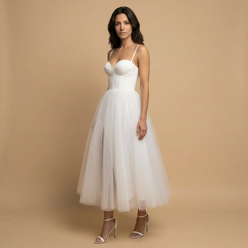 Vestido Midi Bustier con Falda de Tul Bicolor | Alma