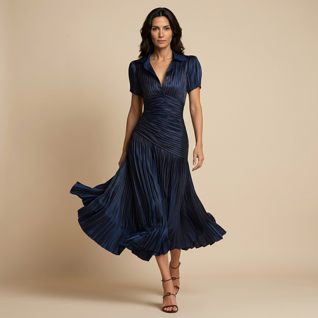 Vestido Midi de Satén a Rayas con Falda Plisada | Inés