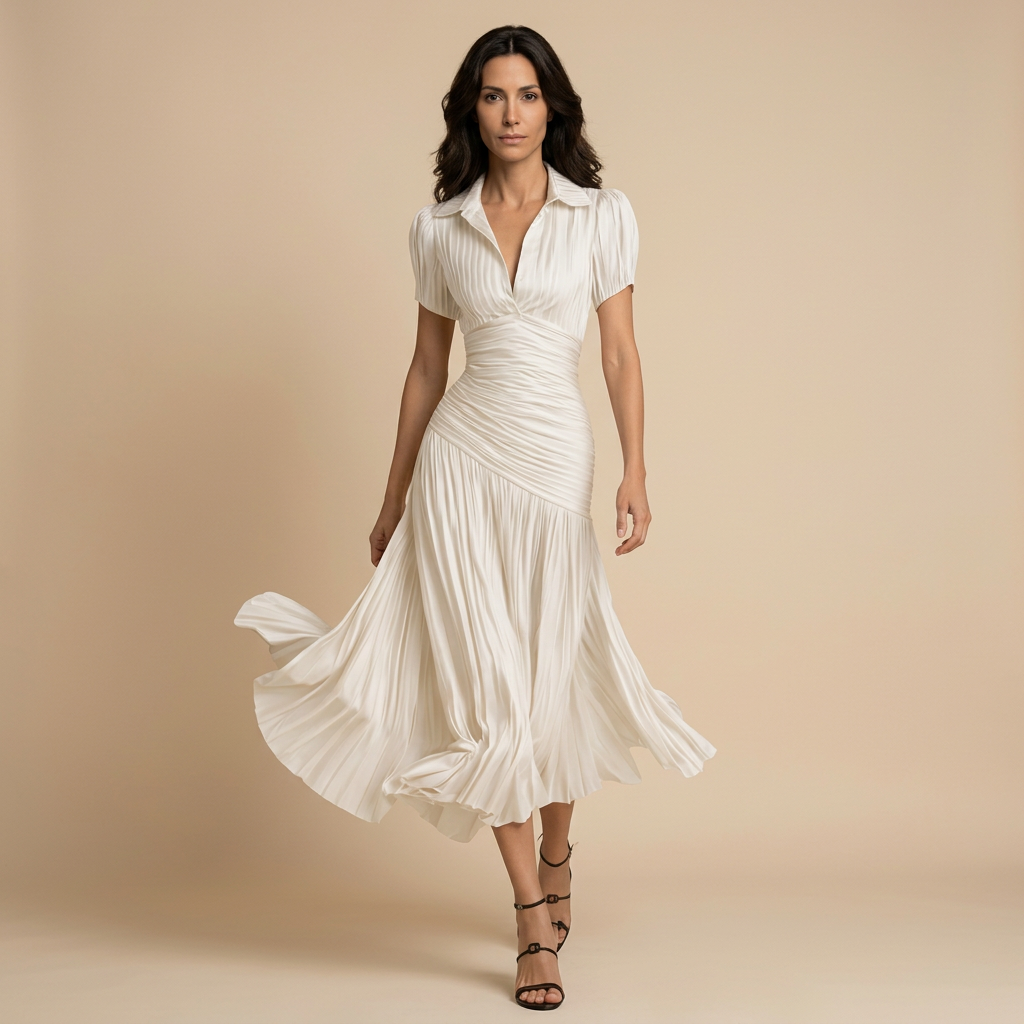 Vestido Midi de Satén a Rayas con Falda Plisada | Inés