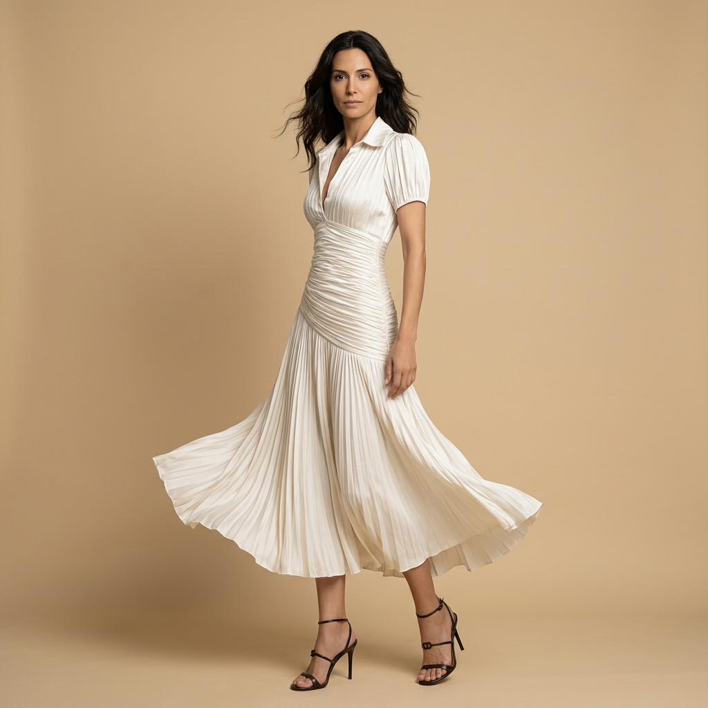 Vestido Midi de Satén a Rayas con Falda Plisada | Inés