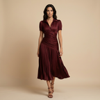 Vestido Midi de Satén a Rayas con Falda Plisada | Inés