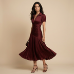 Vestido Midi de Satén a Rayas con Falda Plisada | Inés