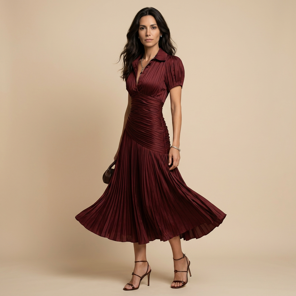Vestido Midi de Satén a Rayas con Falda Plisada | Inés