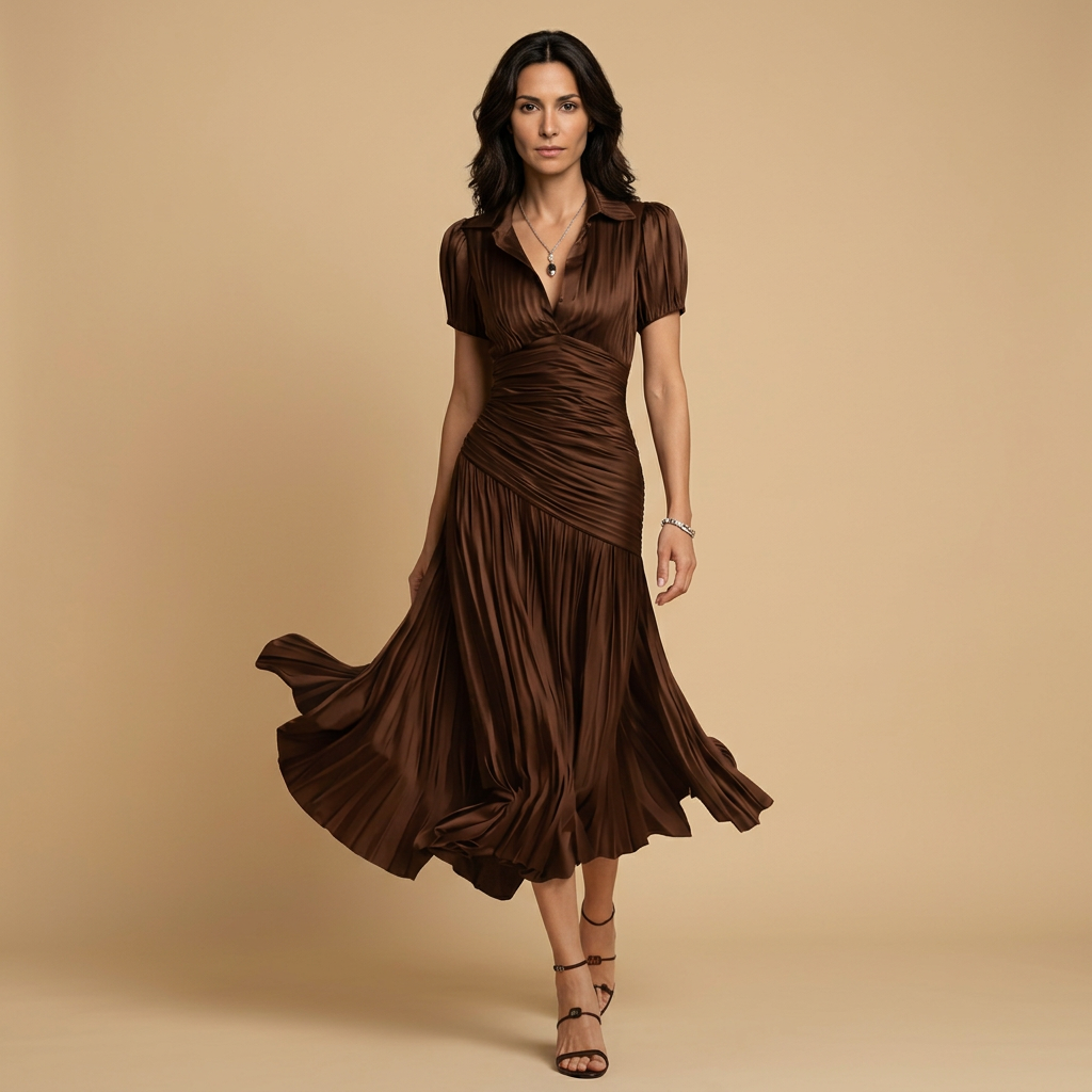 Vestido Midi de Satén a Rayas con Falda Plisada | Inés
