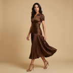 Vestido Midi de Satén a Rayas con Falda Plisada | Inés