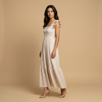 Vestido Largo Vichy de Algodón con Volantes | Marina