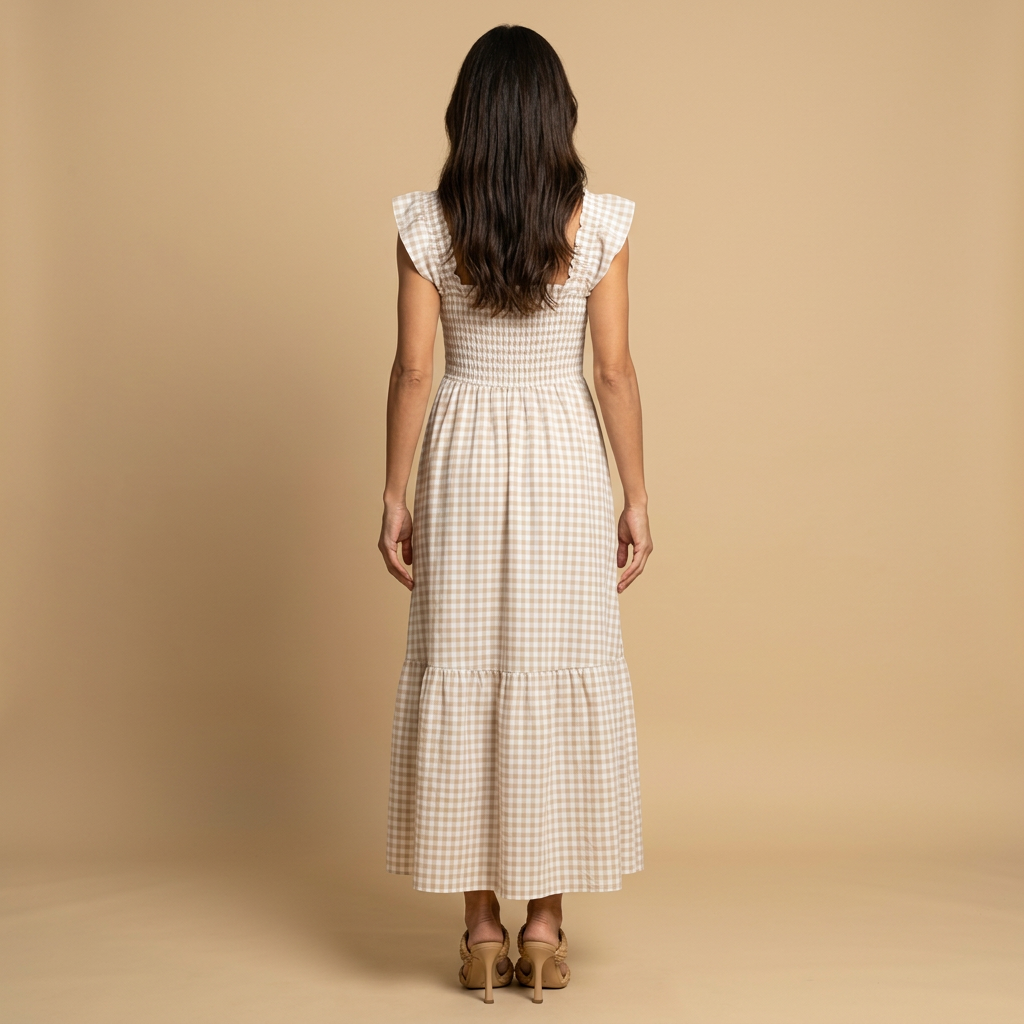 Vestido Largo Vichy de Algodón con Volantes | Marina