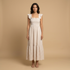 Vestido Largo Vichy de Algodón con Volantes | Marina