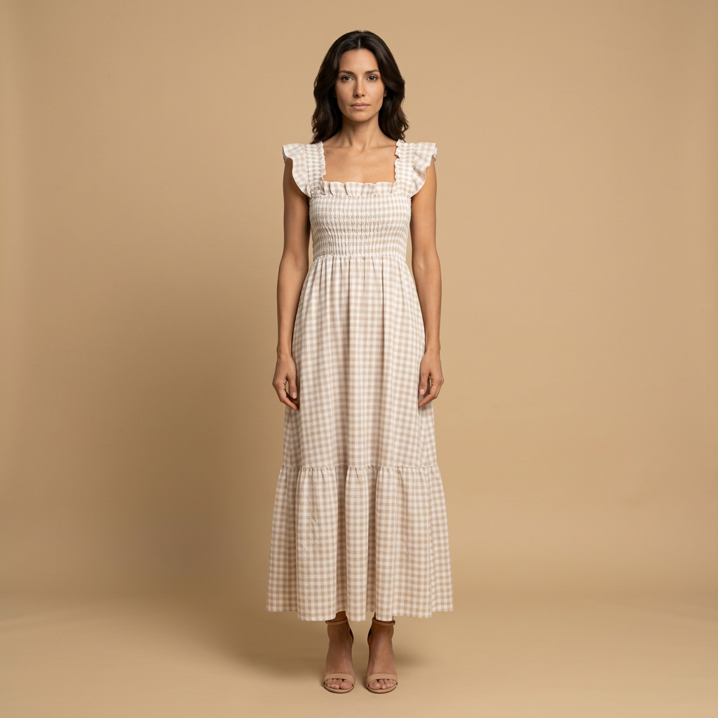 Vestido Largo Vichy de Algodón con Volantes | Marina