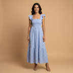 Vestido Largo Vichy de Algodón con Volantes | Marina