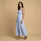 Vestido Largo Vichy de Algodón con Volantes | Marina