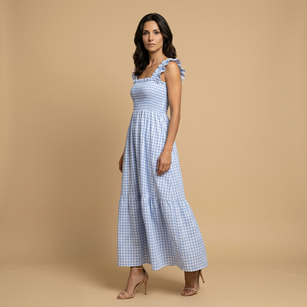 Vestido Largo Vichy de Algodón con Volantes | Marina