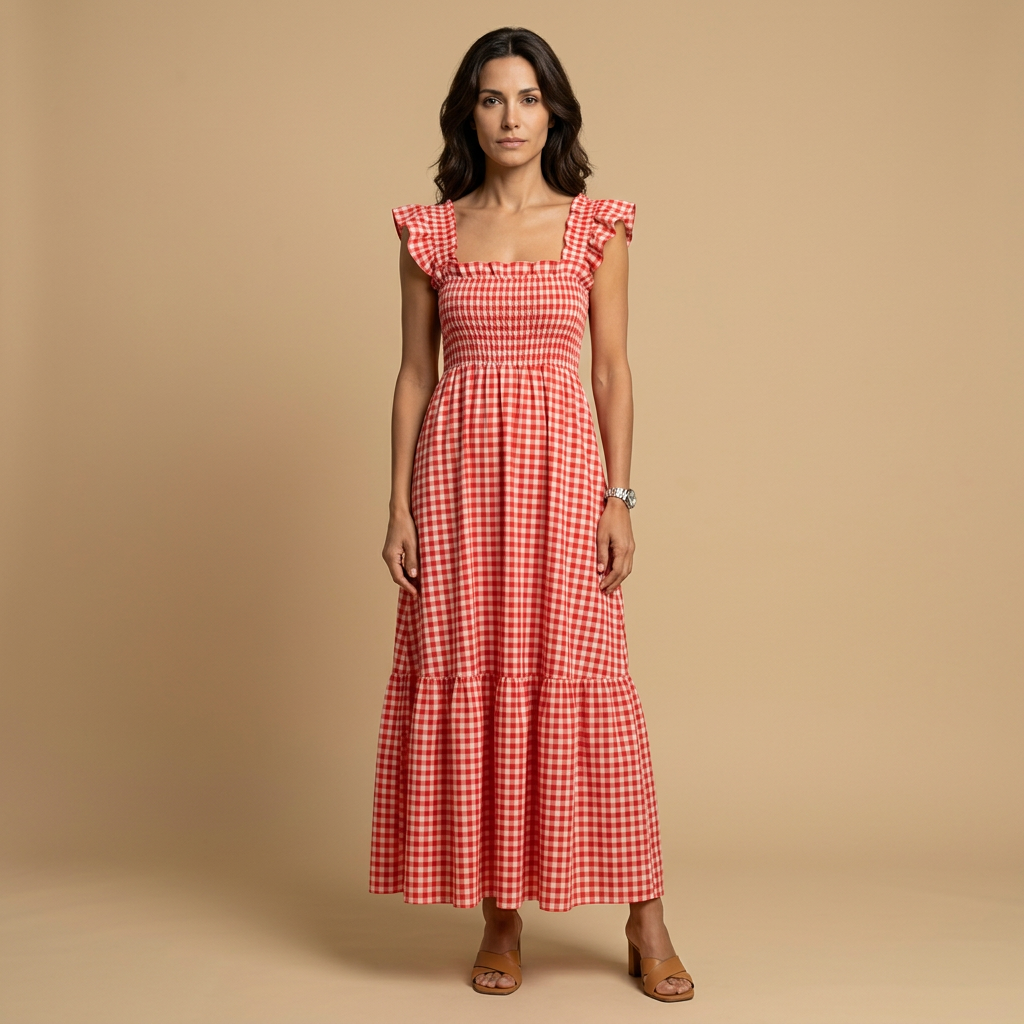 Vestido Largo Vichy de Algodón con Volantes | Marina