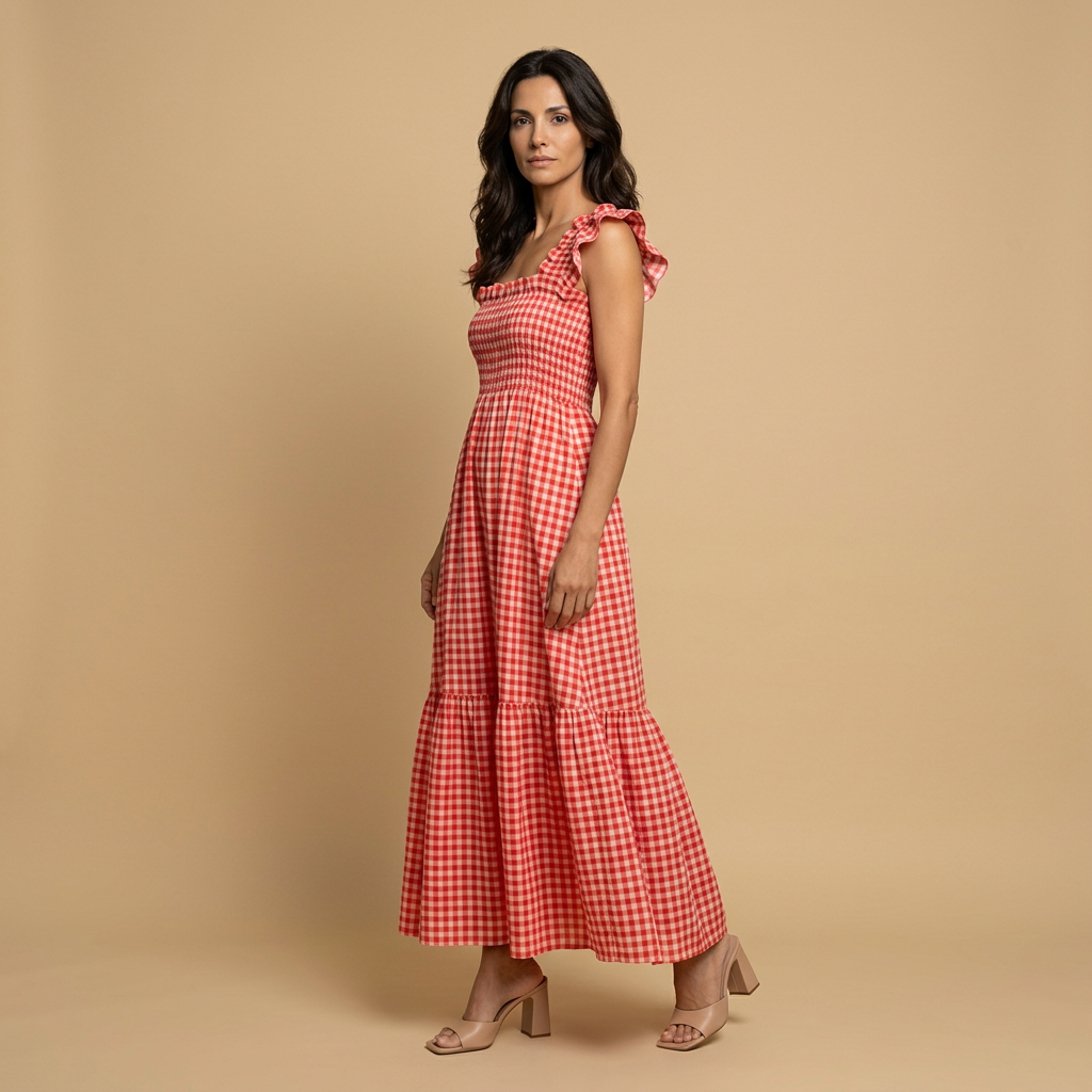 Vestido Largo Vichy de Algodón con Volantes | Marina