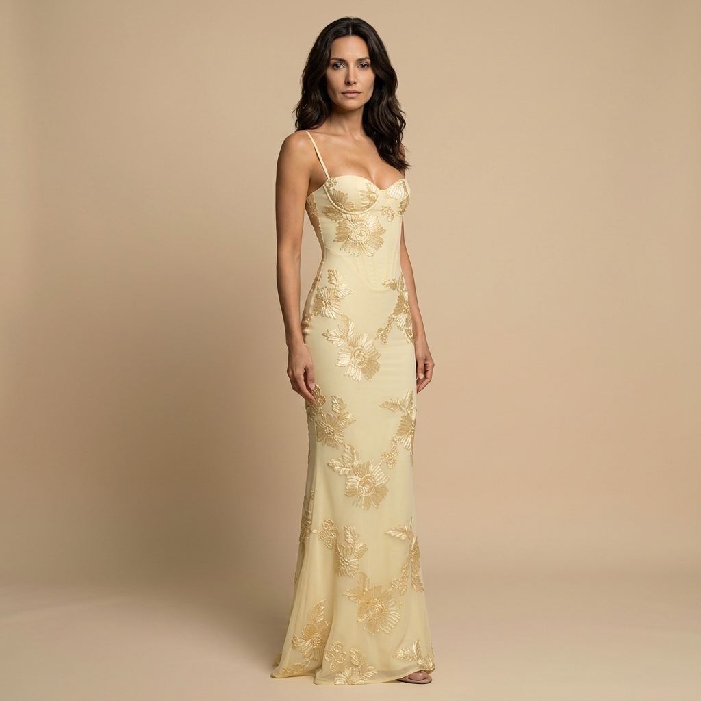 Vestido Largo Sirena con Corsé y Flores de Tul | Aurora