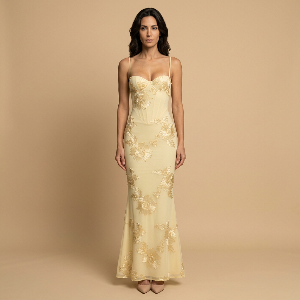 Vestido Largo Sirena con Corsé y Flores de Tul | Aurora