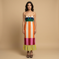 Vestido Largo de Rayas Multicolor con Bustier y Volante | Frida