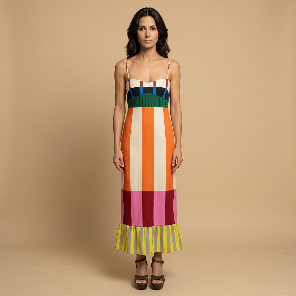 Vestido Largo de Rayas Multicolor con Bustier y Volante | Frida