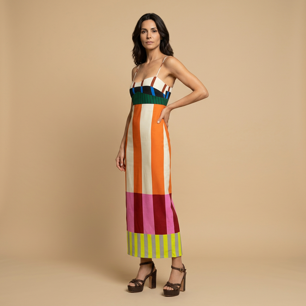 Vestido Largo de Rayas Multicolor con Bustier y Volante | Frida