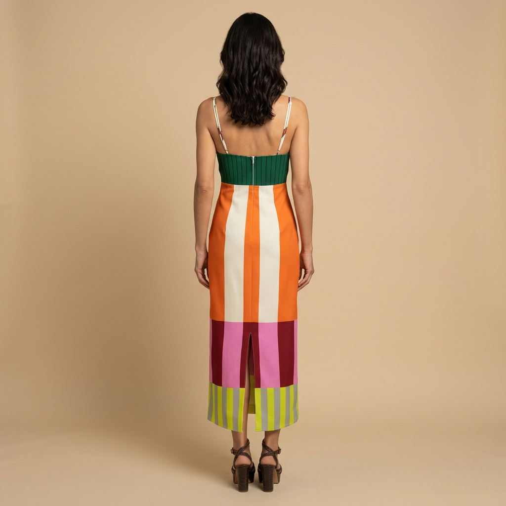 Vestido Largo de Rayas Multicolor con Bustier y Volante | Frida