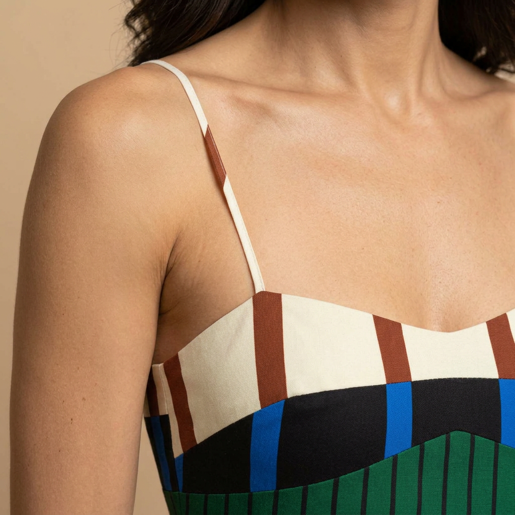 Vestido Largo de Rayas Multicolor con Bustier y Volante | Frida