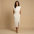 Vestido Midi con Botones Dorados y Hombros Estructurados | Noelia