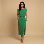 Vestido Midi con Botones Dorados y Hombros Estructurados | Noelia