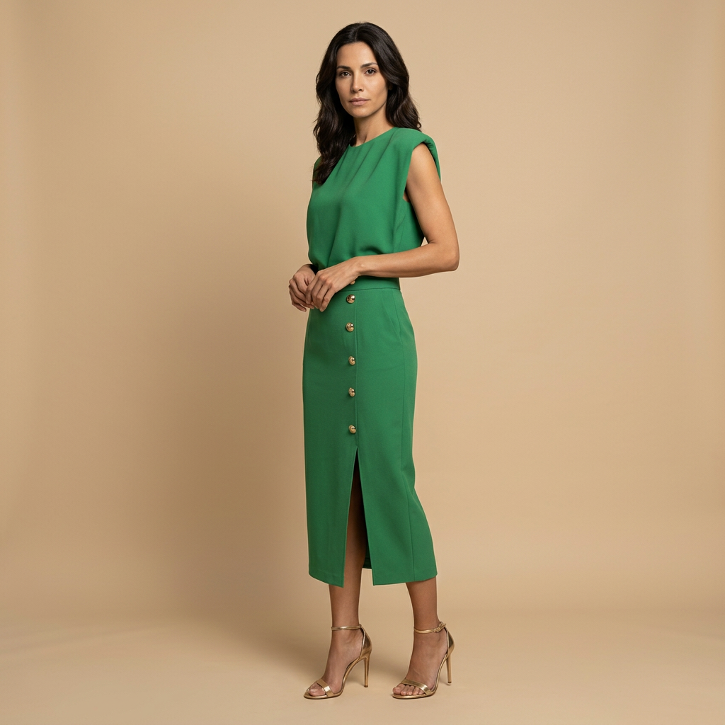 Vestido Midi con Botones Dorados y Hombros Estructurados | Noelia