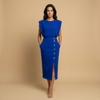 Vestido Midi con Botones Dorados y Hombros Estructurados | Noelia
