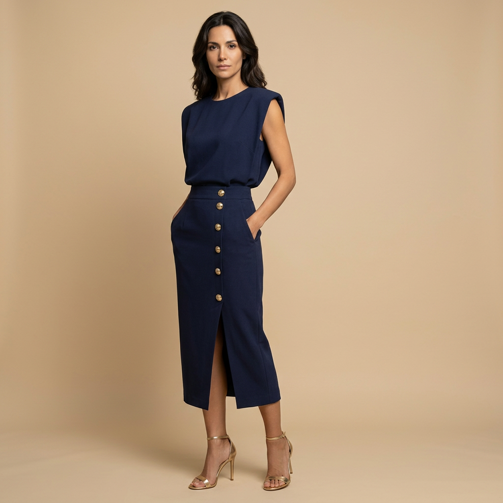 Vestido Midi con Botones Dorados y Hombros Estructurados | Noelia