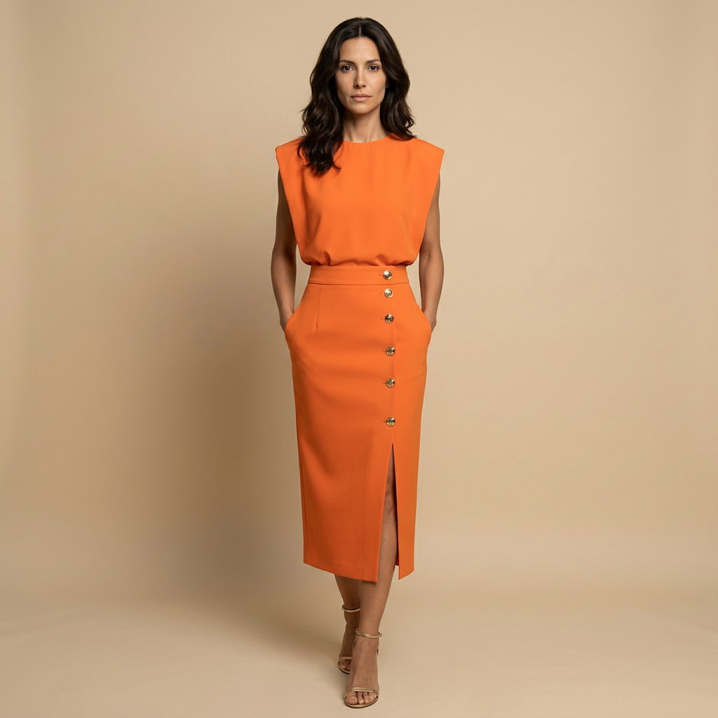 Vestido Midi con Botones Dorados y Hombros Estructurados | Noelia