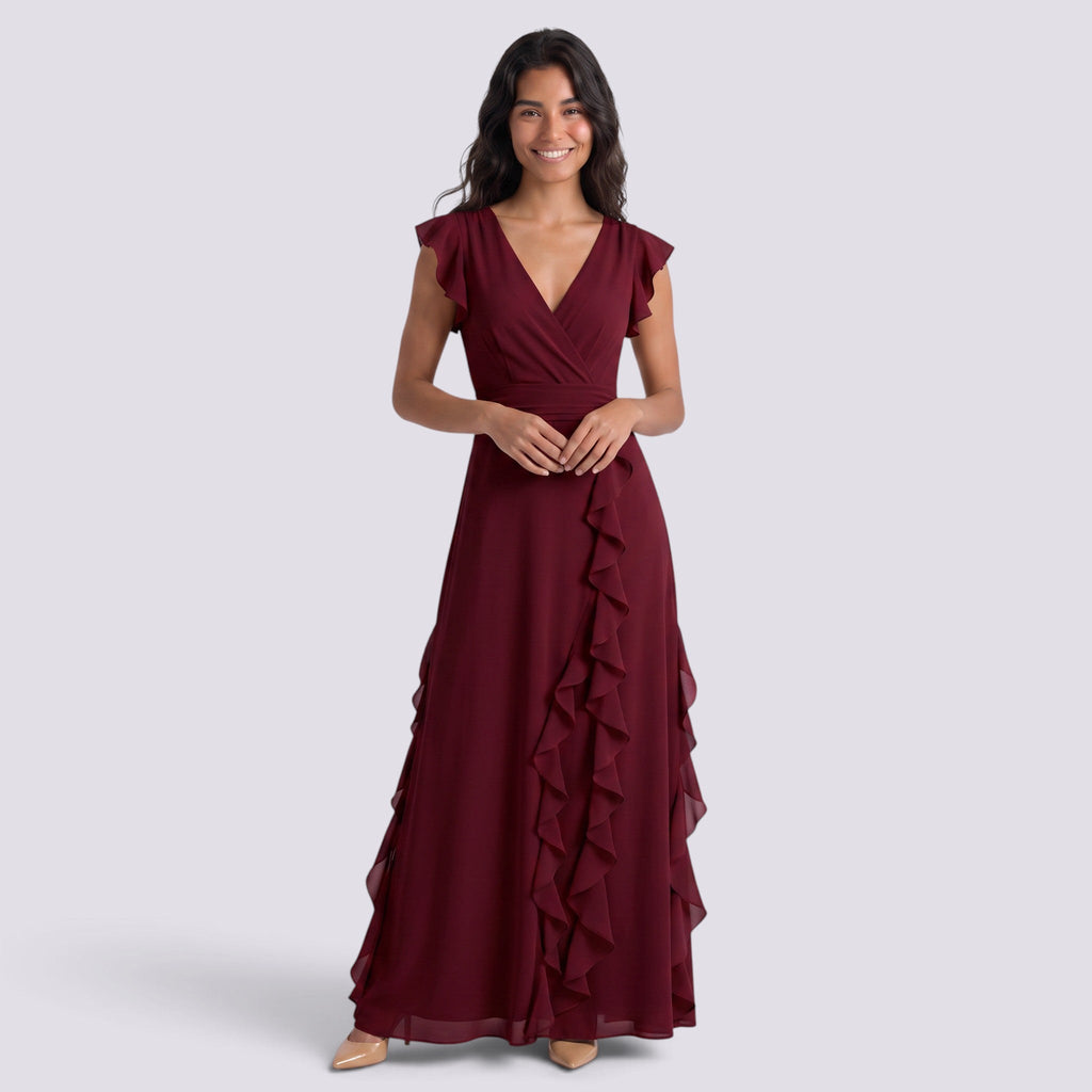 Vestido Largo Fiesta Mujer Escote en V Plisado con Abertura | Elegante