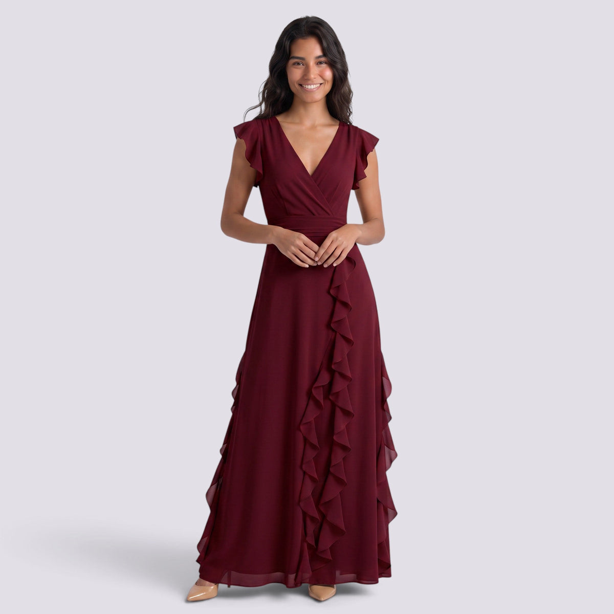 Vestido Largo Fiesta Mujer Escote en V Plisado con Abertura | Elegante