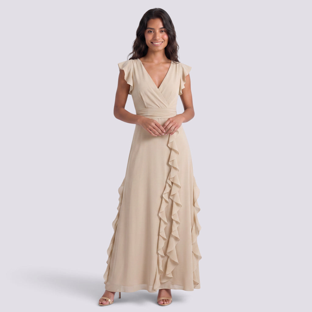 Vestido Largo Fiesta Mujer Escote en V Plisado con Abertura | Elegante