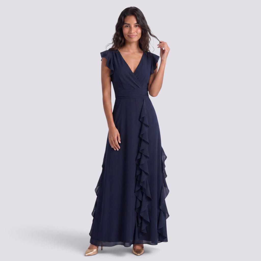 Vestido Largo Fiesta Mujer Escote en V Plisado con Abertura | Elegante