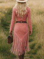 Vestido Midi Western Mujer Ante Sintético con Flecos y Cinturón - Soledad