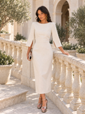 Vestido midi elegante entallado con manga abierta con pedrería Premium| Celeste