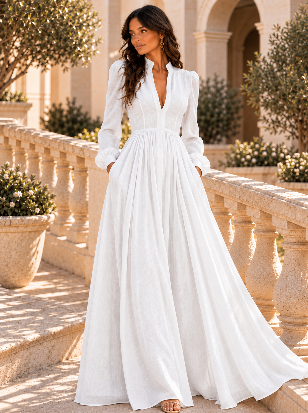 Vestido Largo de Novia Sencillo Mujer Manga Larga Botones | Ariadna