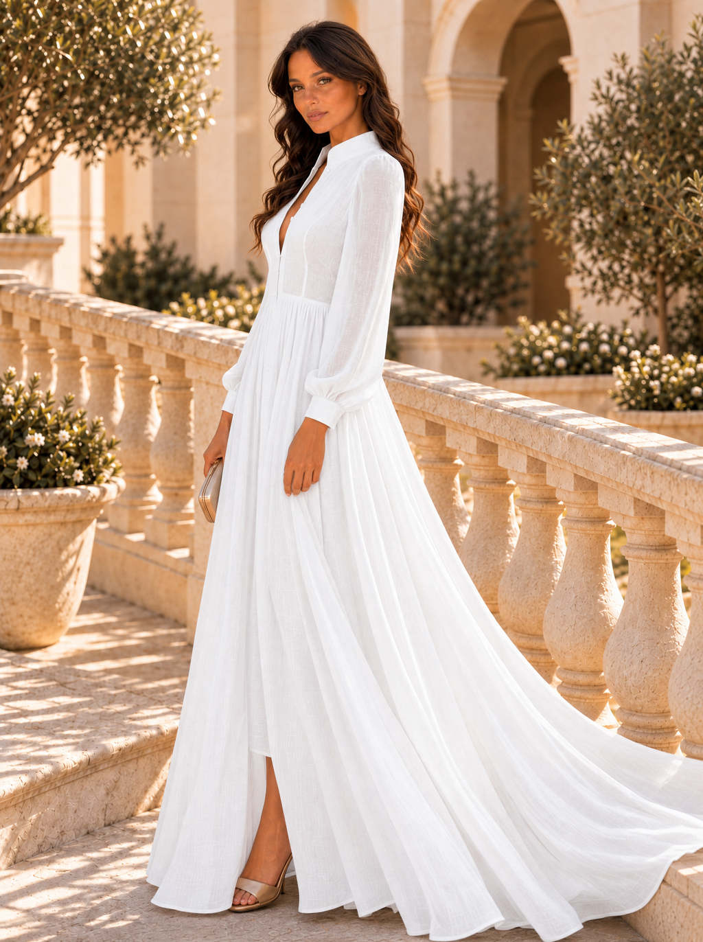 Vestido Largo de Novia Sencillo Mujer Manga Larga Botones | Ariadna