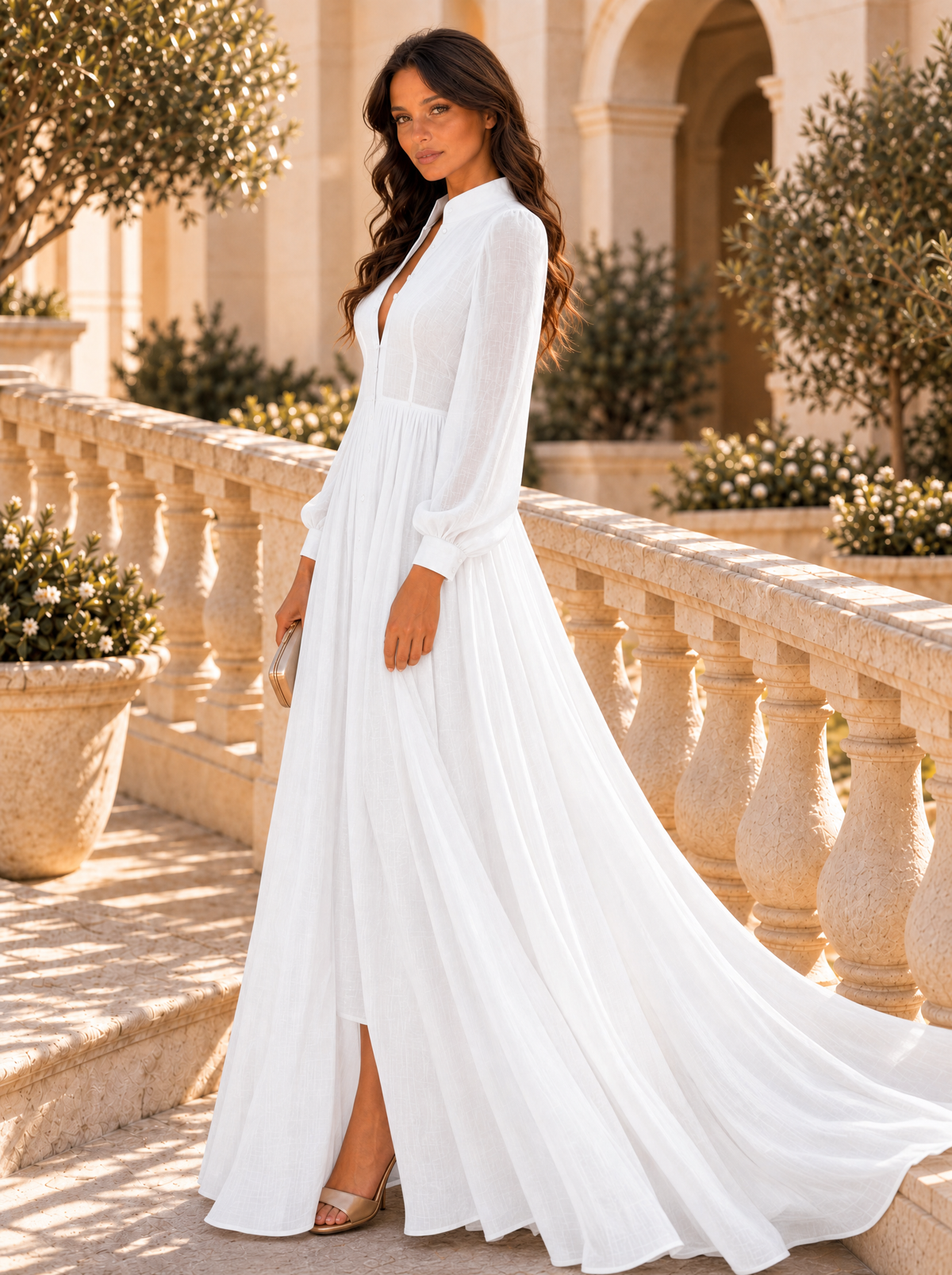 Vestido Largo de Novia Sencillo Mujer Manga Larga Botones | Ariadna