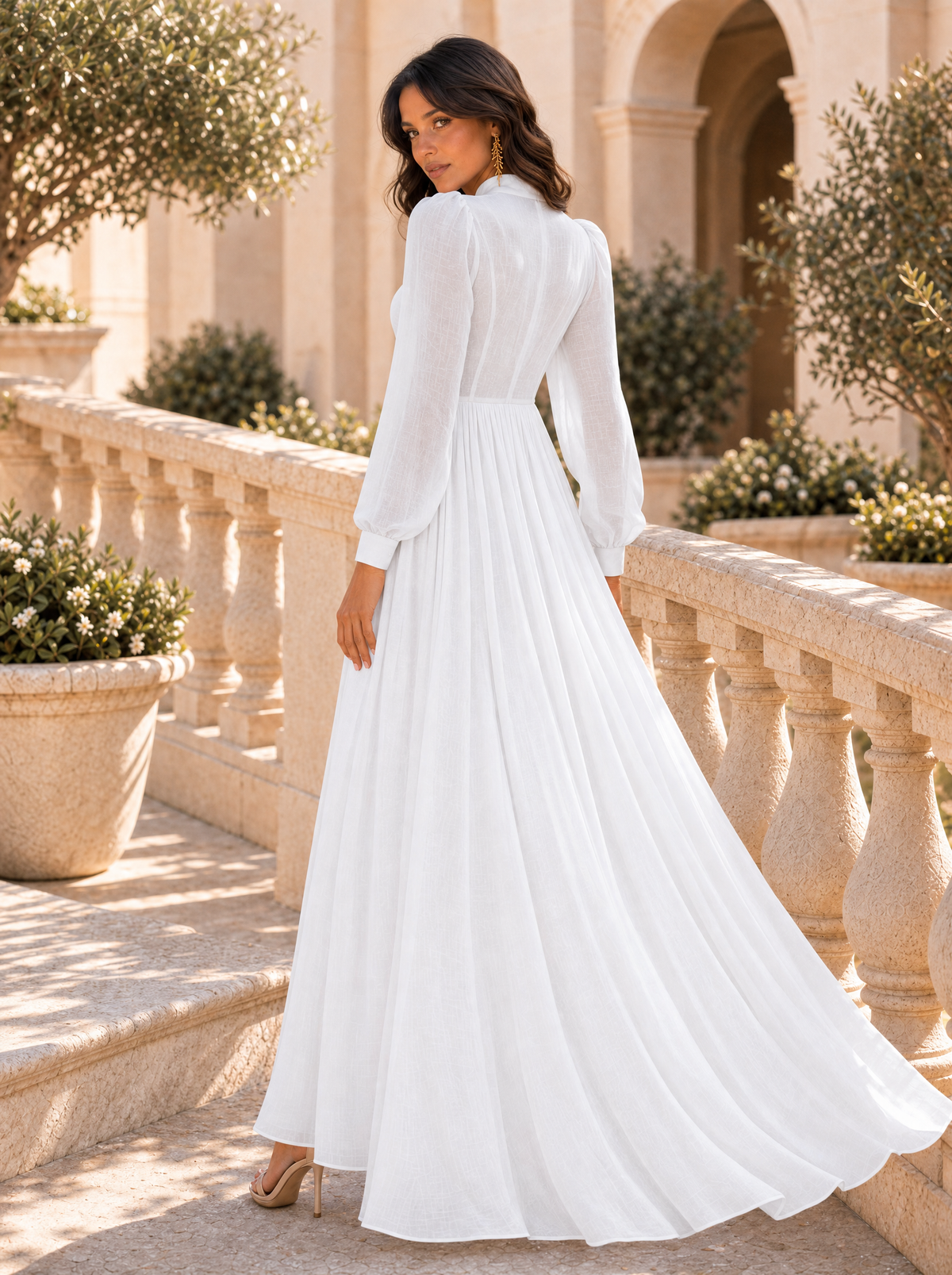 Vestido Largo de Novia Sencillo Mujer Manga Larga Botones | Ariadna