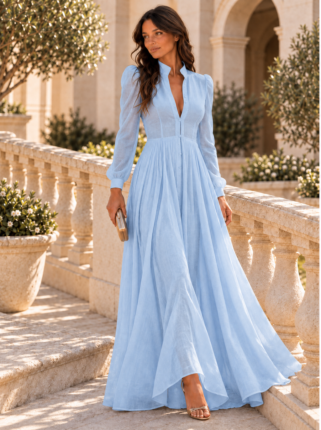 Vestido Largo de Novia Sencillo Mujer Manga Larga Botones | Ariadna