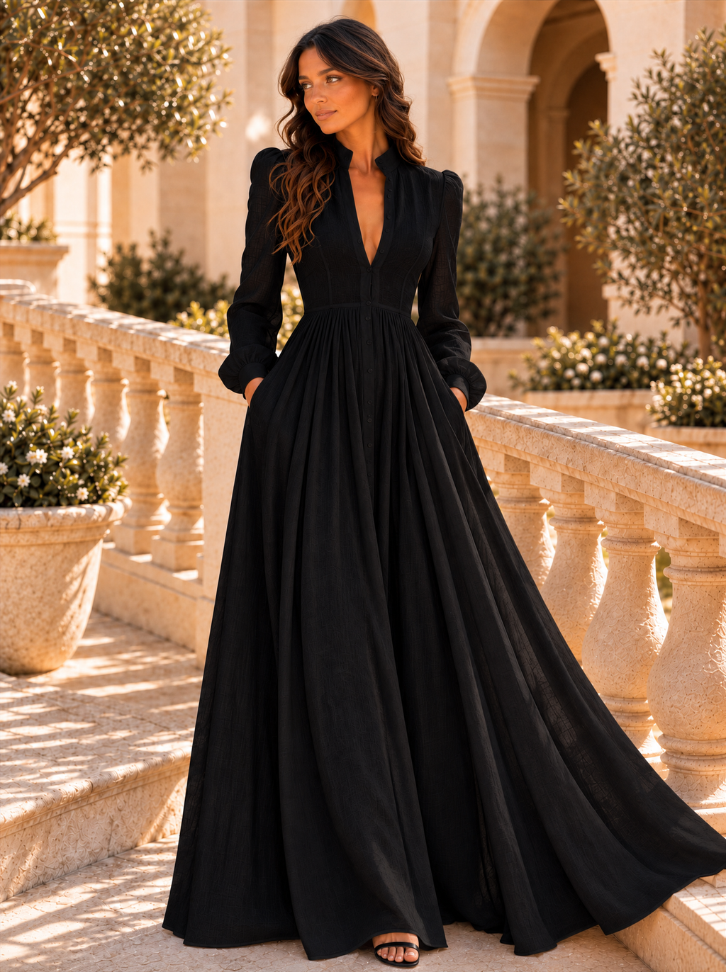 Vestido Largo de Novia Sencillo Mujer Manga Larga Botones | Ariadna