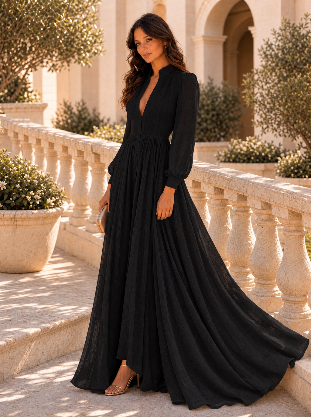 Vestido Largo de Novia Sencillo Mujer Manga Larga Botones | Ariadna
