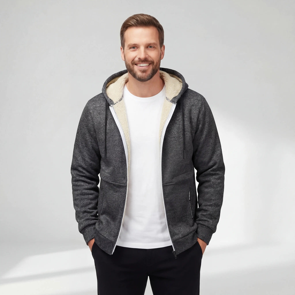 Cárdigan de forro polar sherpa con cremallera y capucha para hombre – Corte relajado