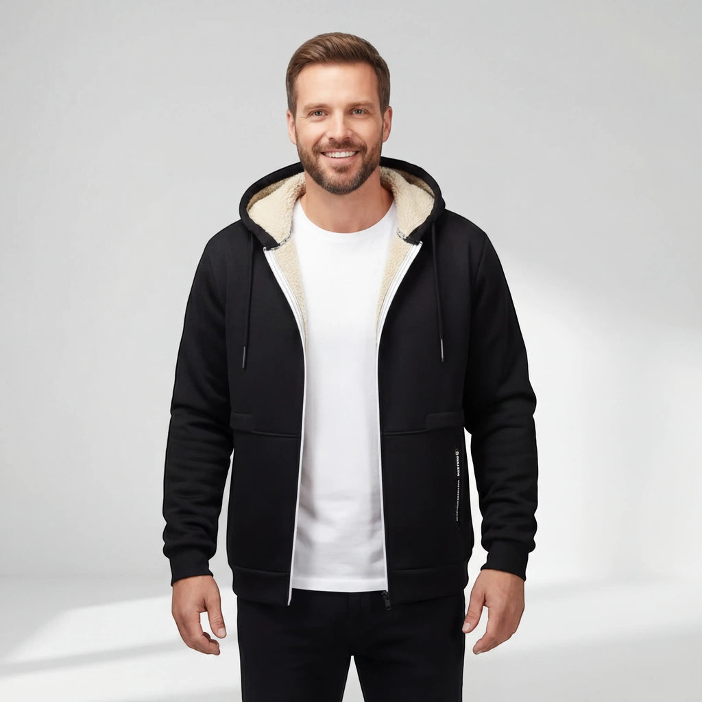 Cárdigan de forro polar sherpa con cremallera y capucha para hombre – Corte relajado