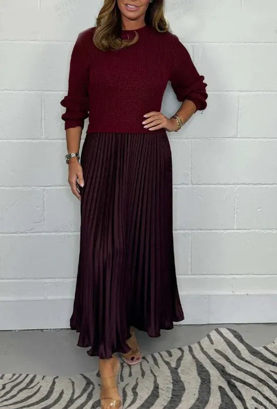 Vestido maxi con jersey y falda plisada | Clau
